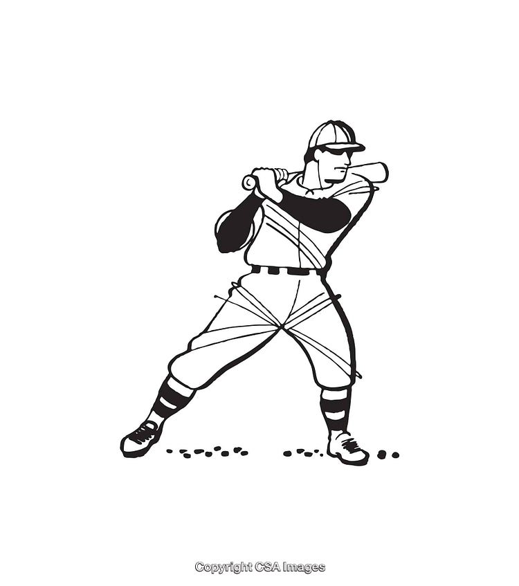 Black and White Line Art of Baseball Player Preparing to Swing Bat