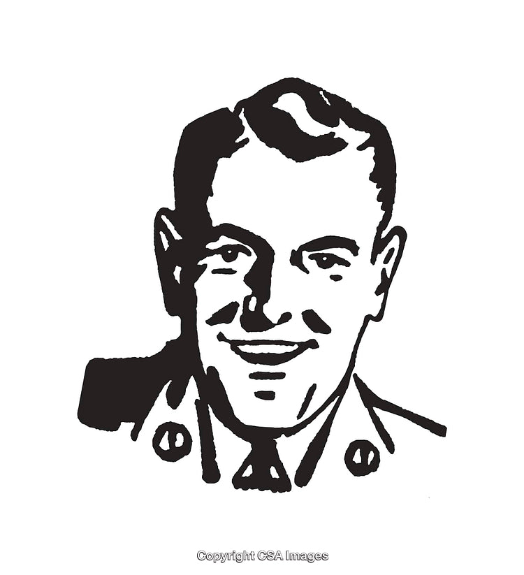 Black and White Line Art Illustration of a Smiling Man in Uniform