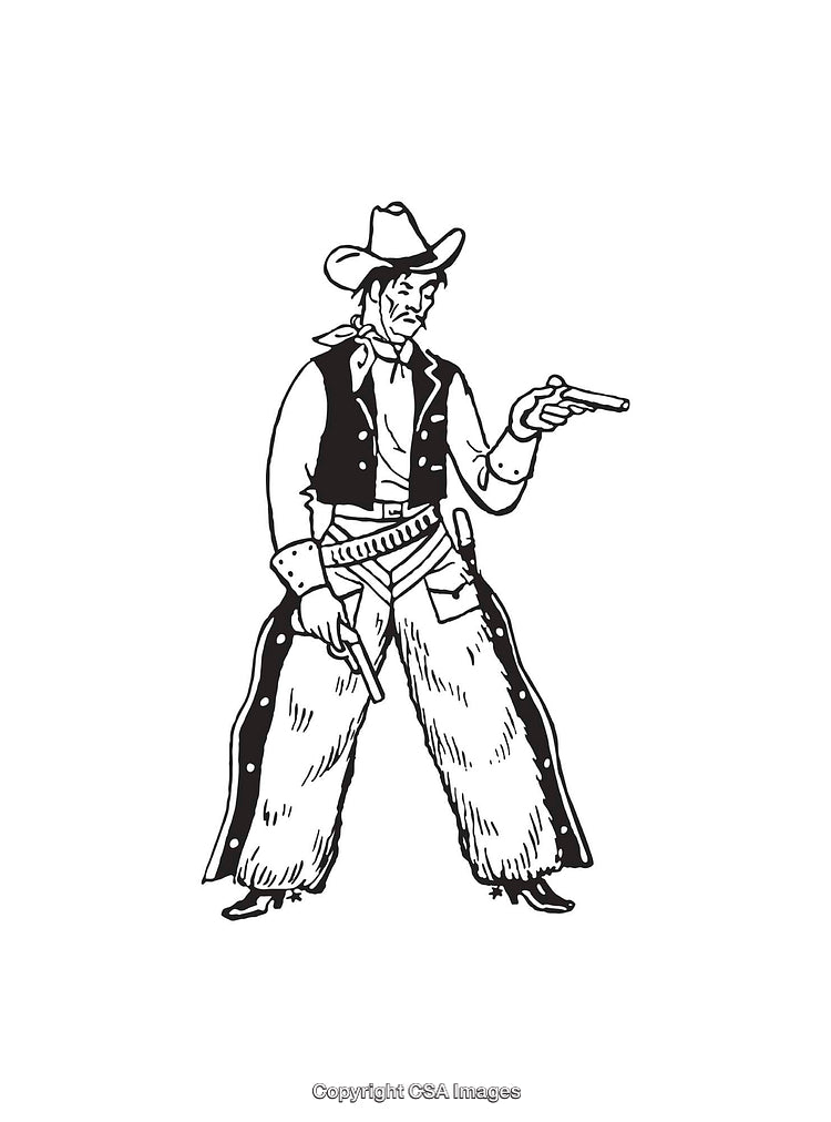 Black and White Line Art of a Cowboy Standing With Pistol