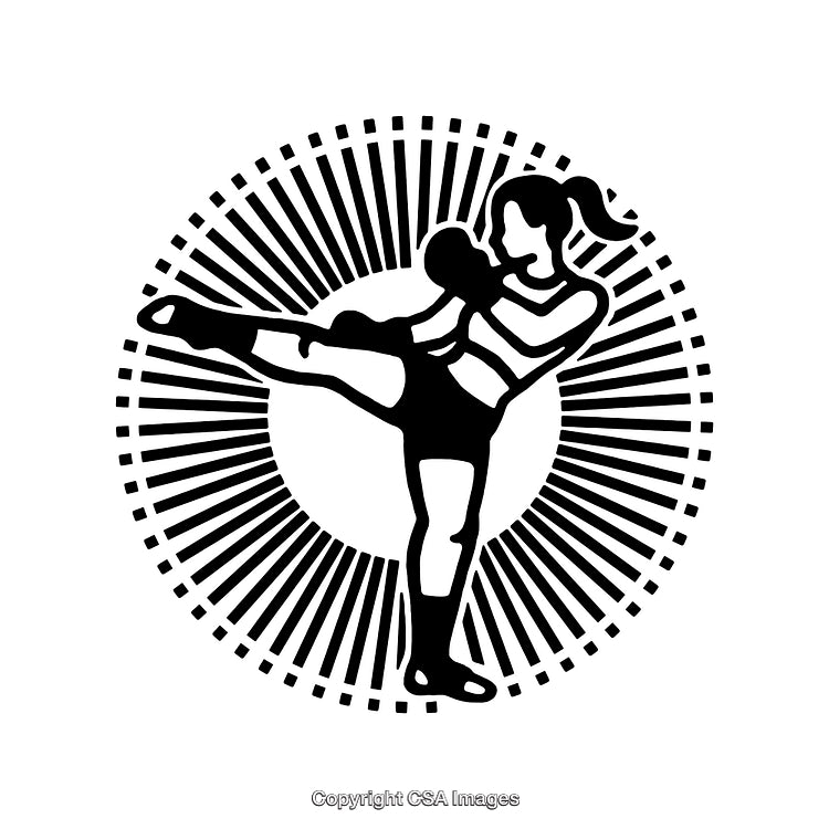 Black and White Line Art Illustration of a Fitness Pose with Radiating Pattern