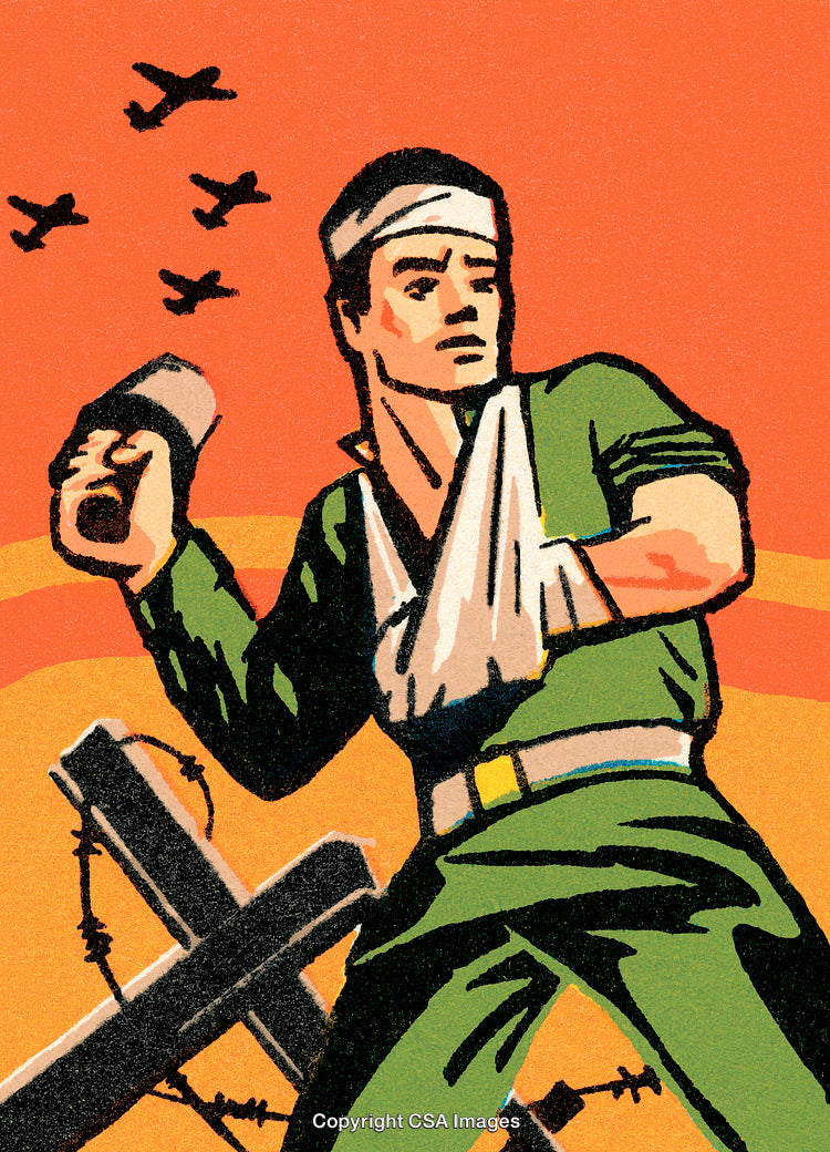 Vintage Illustration of a Soldier in Action During Wartime with Planes Overhead