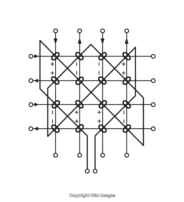 Black And White Diagram of a Circuit Matrix with Positive Symbol Indicators