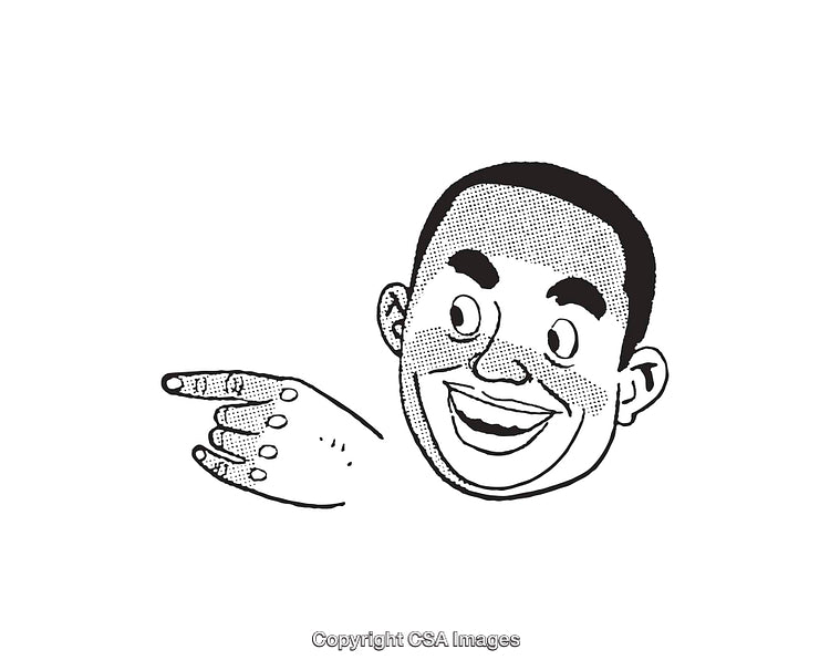Black and White Cartoon Illustration of a Smiling Character Pointing Right