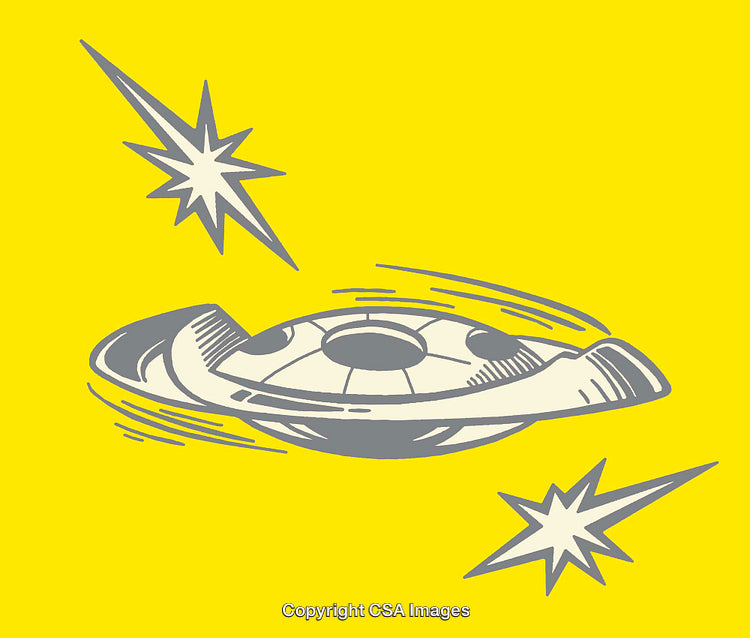 Retro Illustration of UFO Spaceship with Stars on Bright Yellow Background