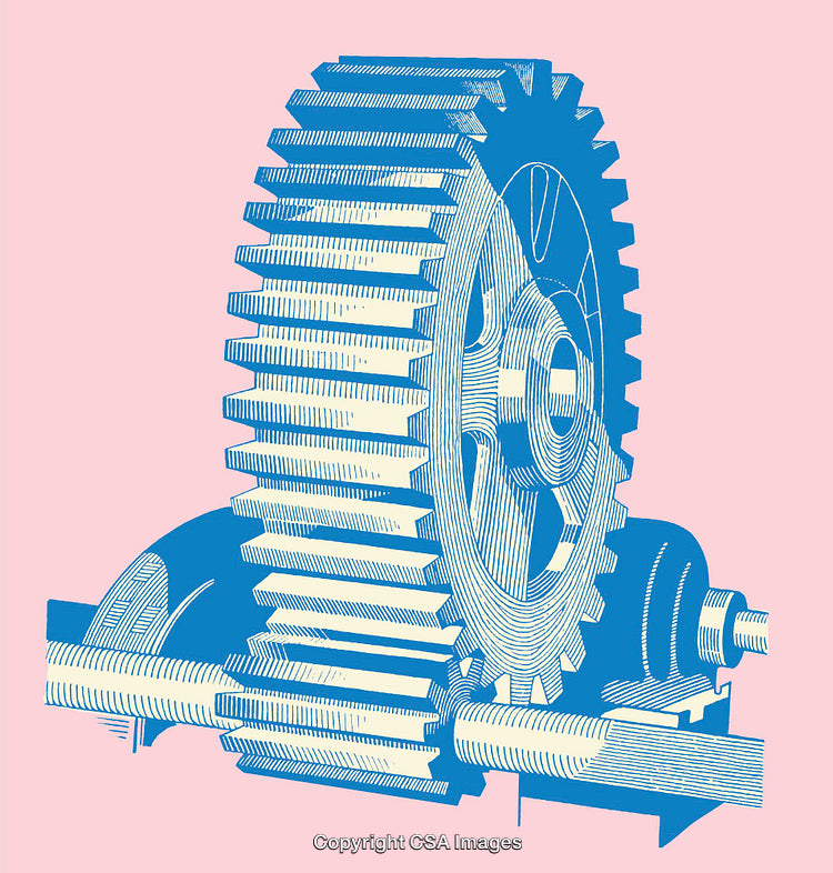 Detailed Blue Line Art Illustration of Mechanical Gears on Pink Background