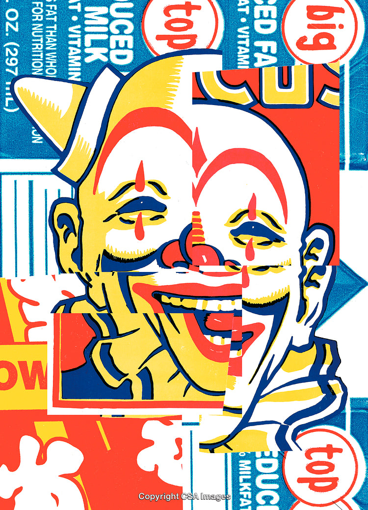 Colorful Collage with Clown Face and Pop Art Elements