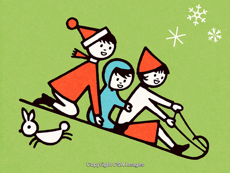 Children Sledding in Winter Scene with Snowflakes and Bunny Illustration