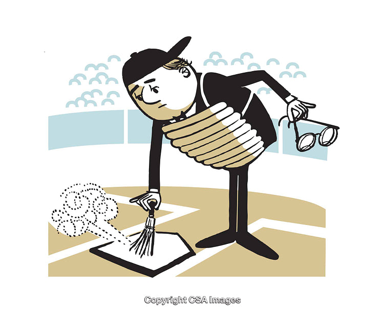 Humorous Illustration of an Umpire on a Baseball Field with Equipment