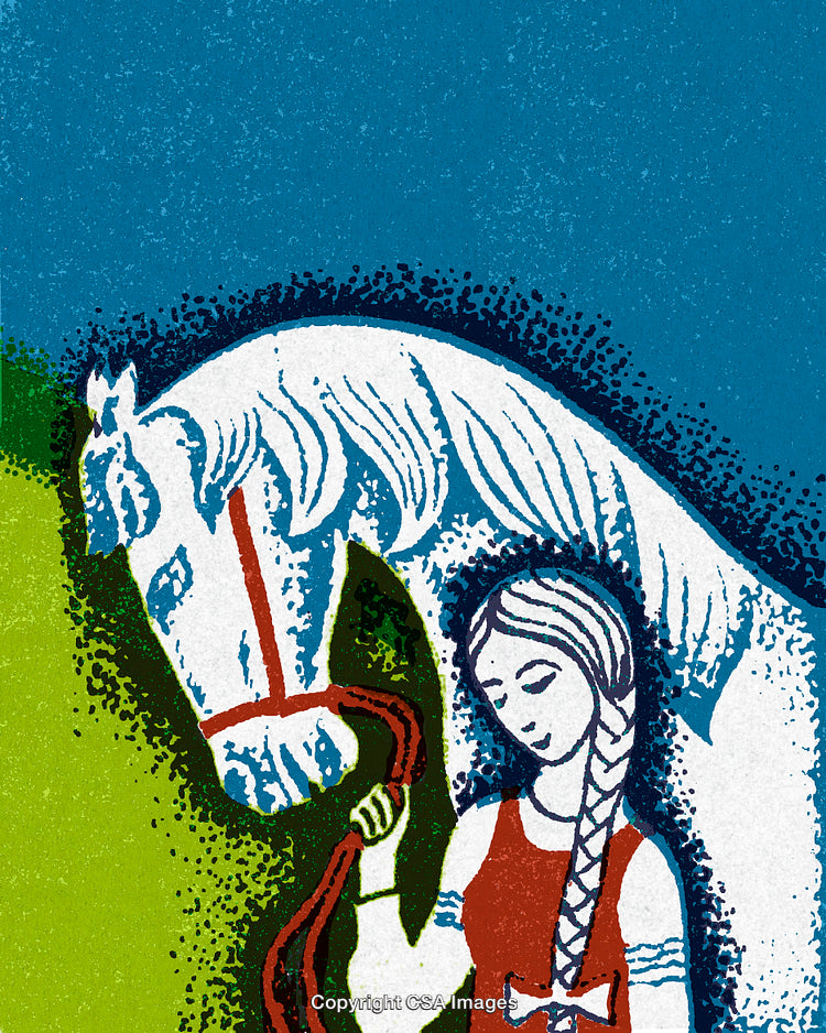 Illustration of a Girl With a Horse in a Colorful Stylized Setting