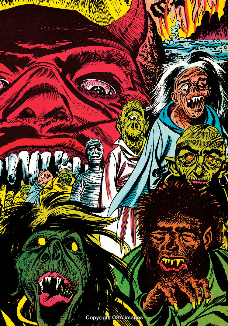 Colorful Comic Style Illustration Depicting Monsters and a Fiery Scene