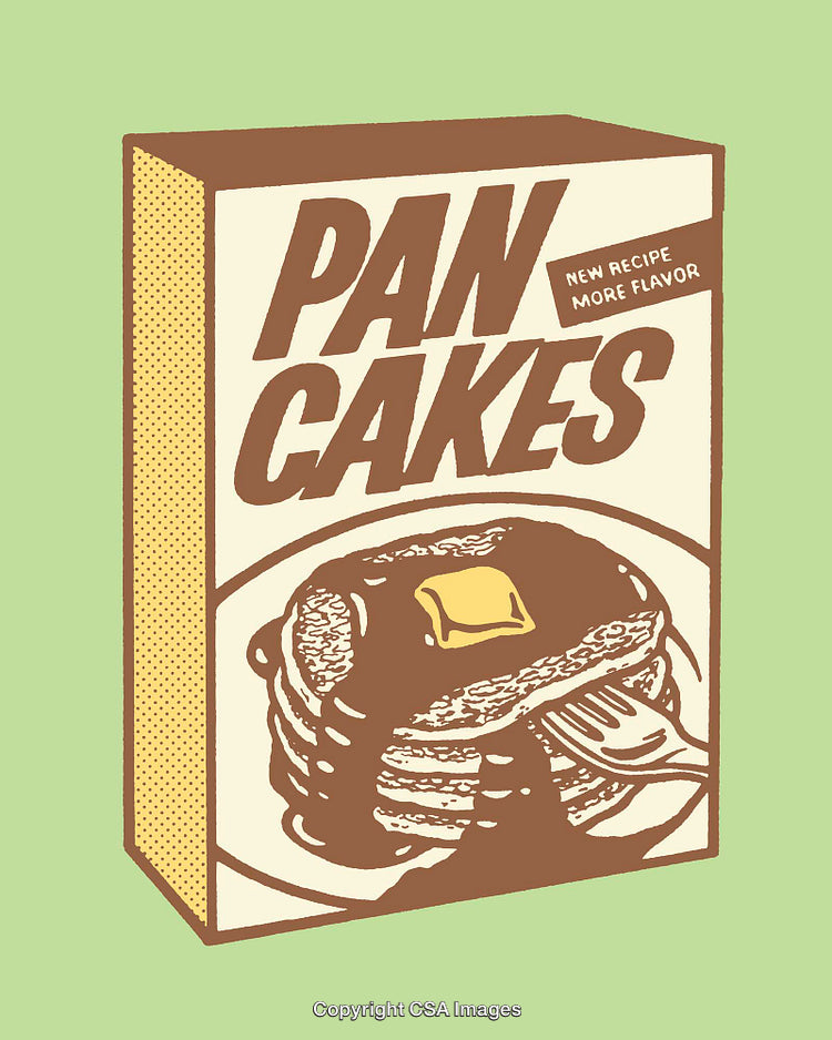 Vintage Pancake Box Design with Retro Artistic Elements and Typography