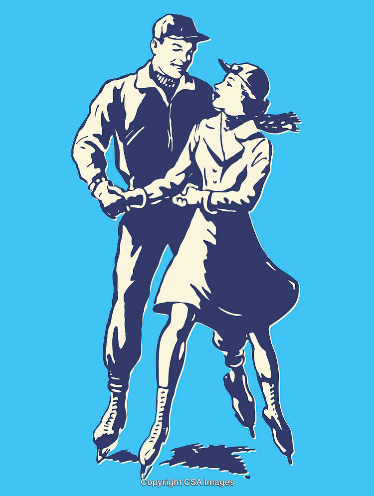 Retro Illustration of a Couple Ice Skating Together Outdoors