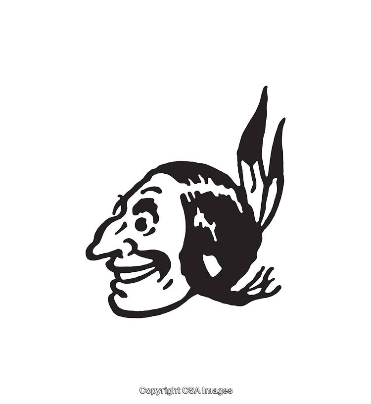 Black and White Vintage Line Art Smiling Face Illustration with Headdress