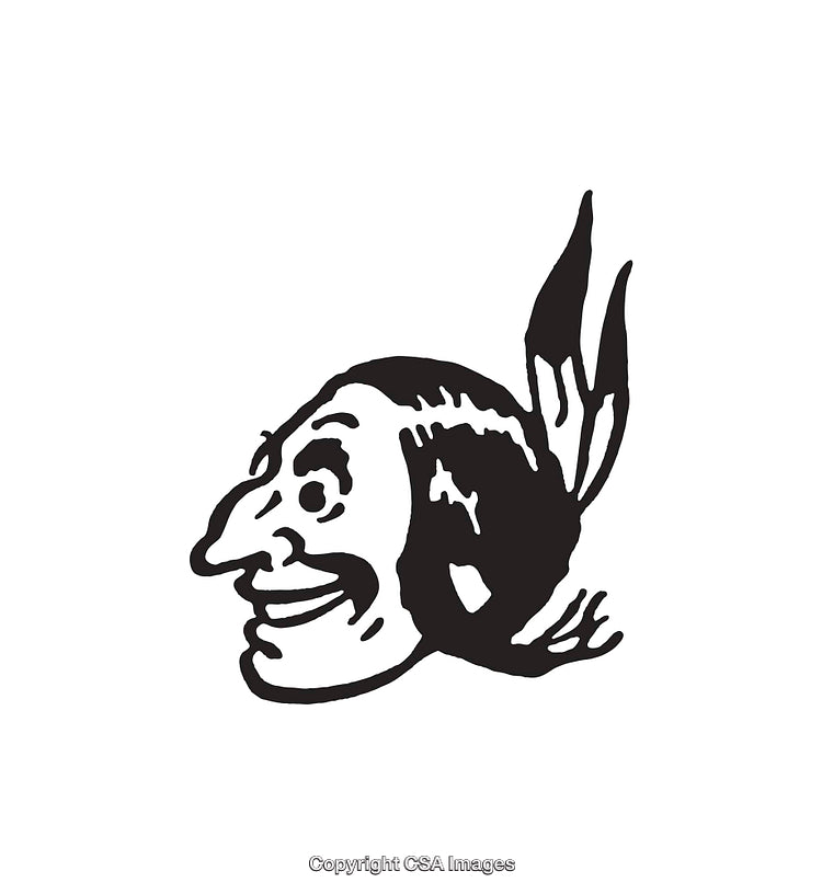 Black and White Vintage Line Art Smiling Face Illustration with Headdress