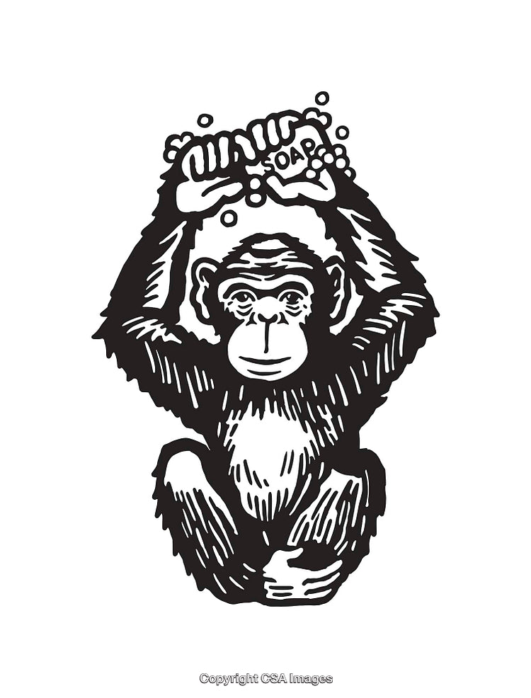 Black and White Artwork of Monkey Holding a Soap Bar with Bubbles