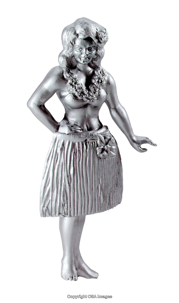 Silver Figurine of a Hula Dancer Wearing a Floral Lei and Skirt
