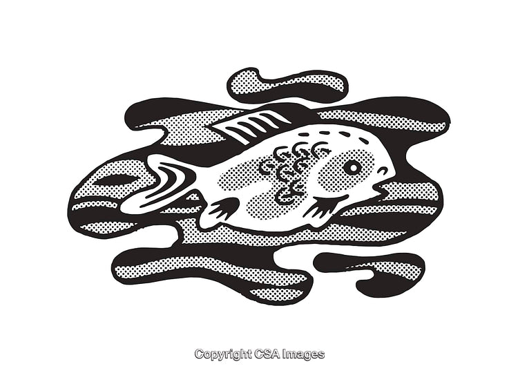 Black and White Line Art of Fish and Abstract Background