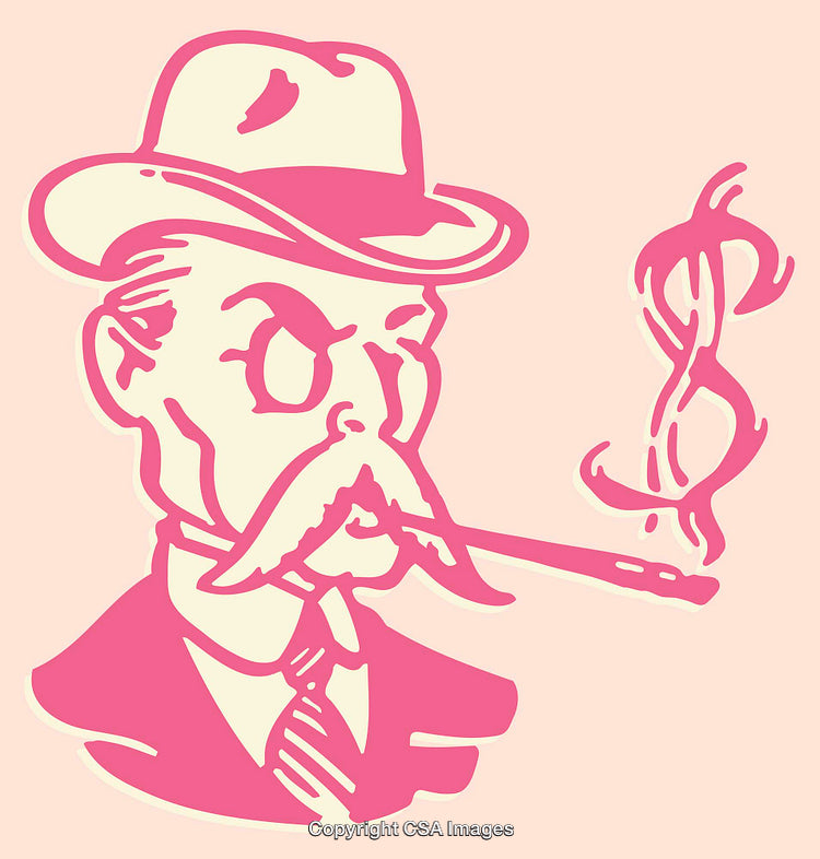 Pink Retro Illustration of a Gentleman Smoking with Dollar Symbol Smoke