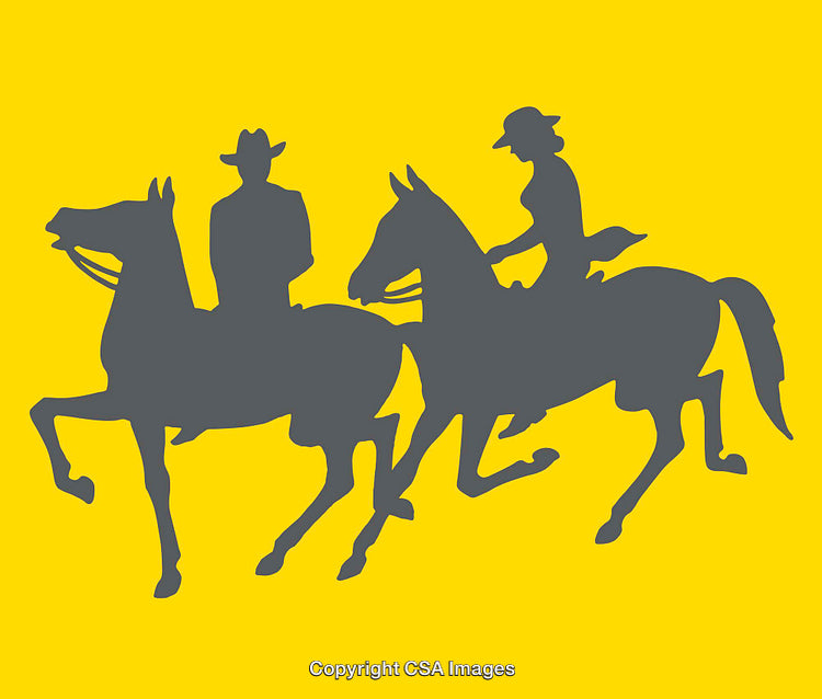 Silhouetted Horse Riders on a Vibrant Yellow Background