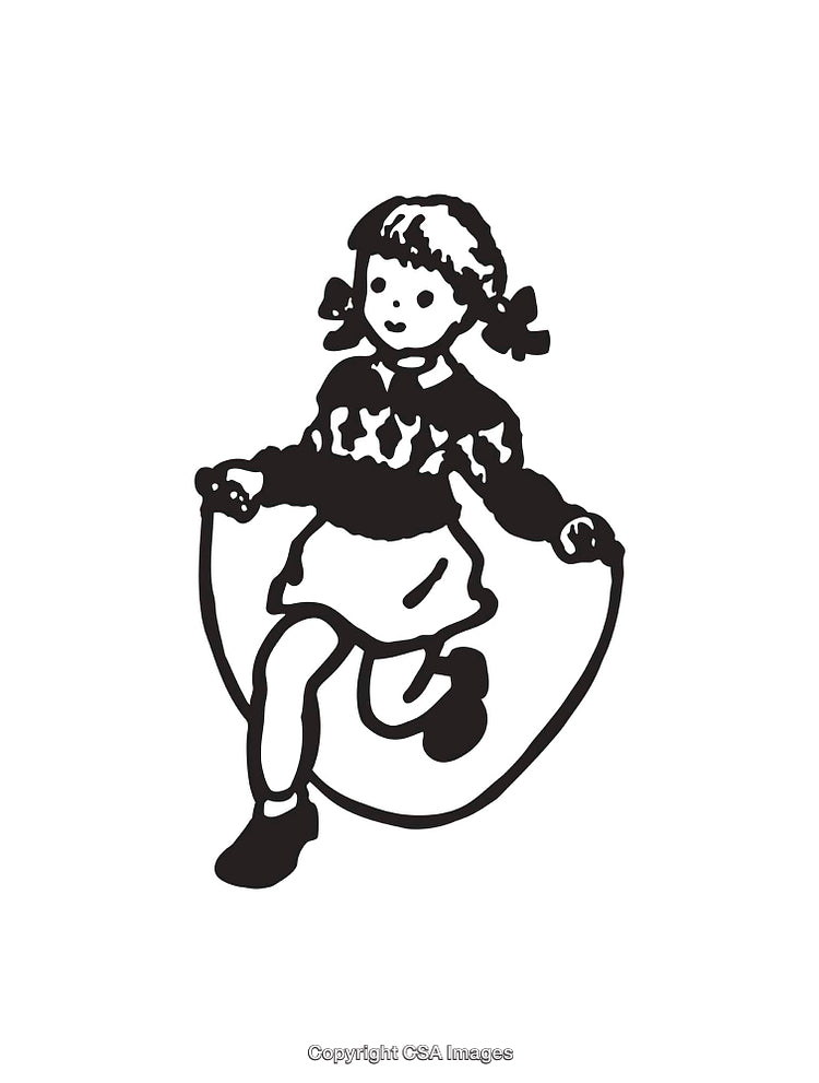 Black and White Line Art of Girl Jumping Rope Outdoors