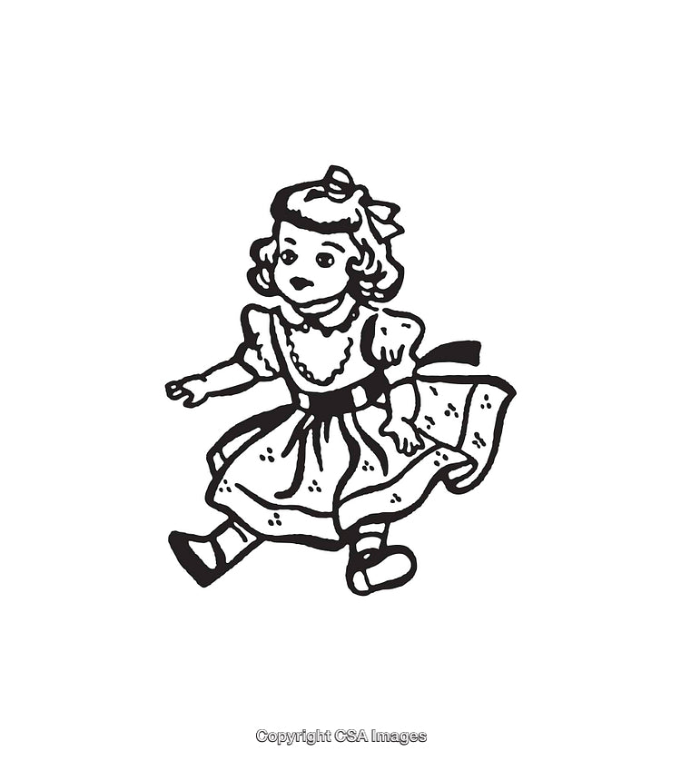 Vintage Black and White Illustration of a Young Girl in Dress