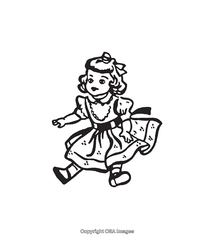 Vintage Black and White Illustration of a Young Girl in Dress