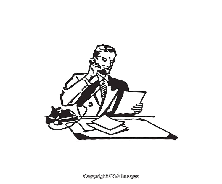 Vintage Black and White Illustration of a Businessman at Desk