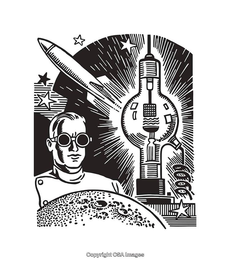 Retro Science and Technology Illustration with Scientist and Space Elements