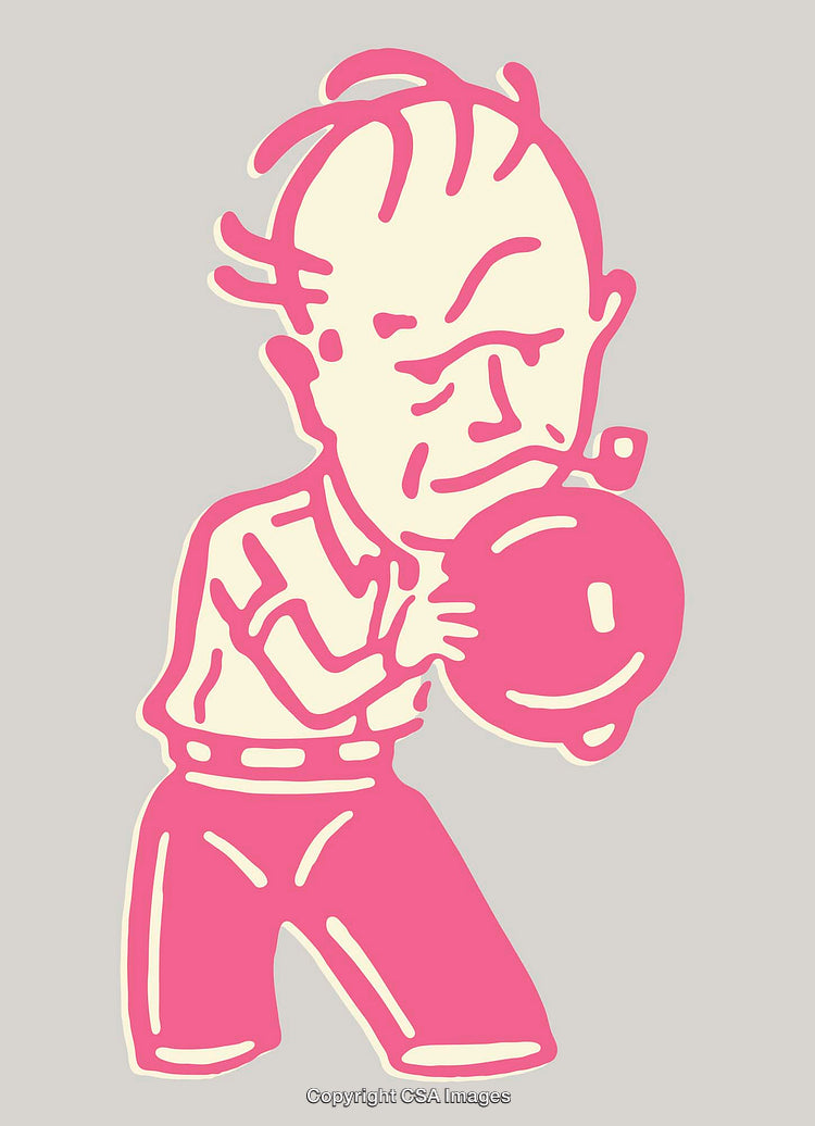 Colorful Cartoon Illustration of a Man Holding a Ball with Expression