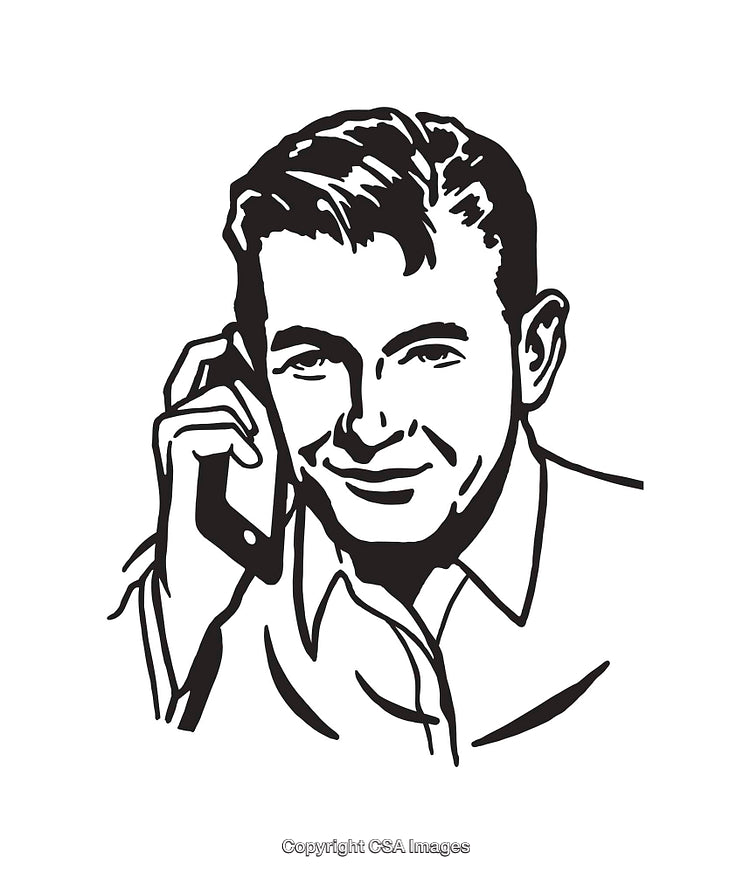 Black and White Illustration of a Man Talking on a Smartphone