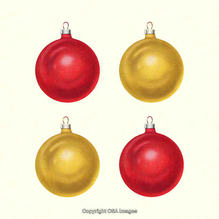 Four Festive Christmas Tree Ornaments in Red and Gold Displayed on Plain Background