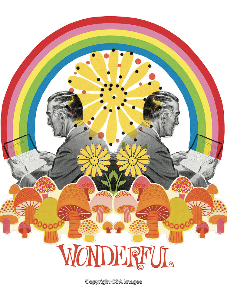 Colorful Vintage Collage With Mushrooms, Rainbow, and Mirrored Figures