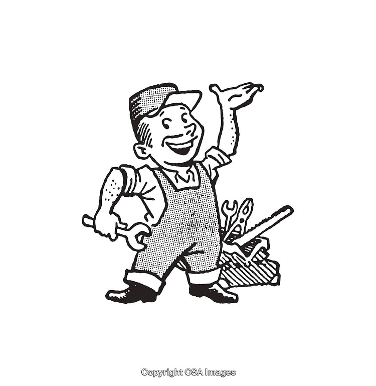 Vintage Handyman Illustration with Tools in Black and White Line Art