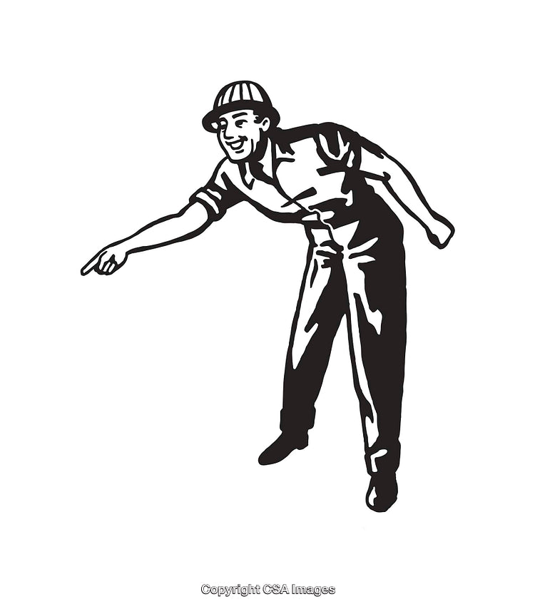 Black and White Line Art Illustration of a Cheerful Pointing Worker