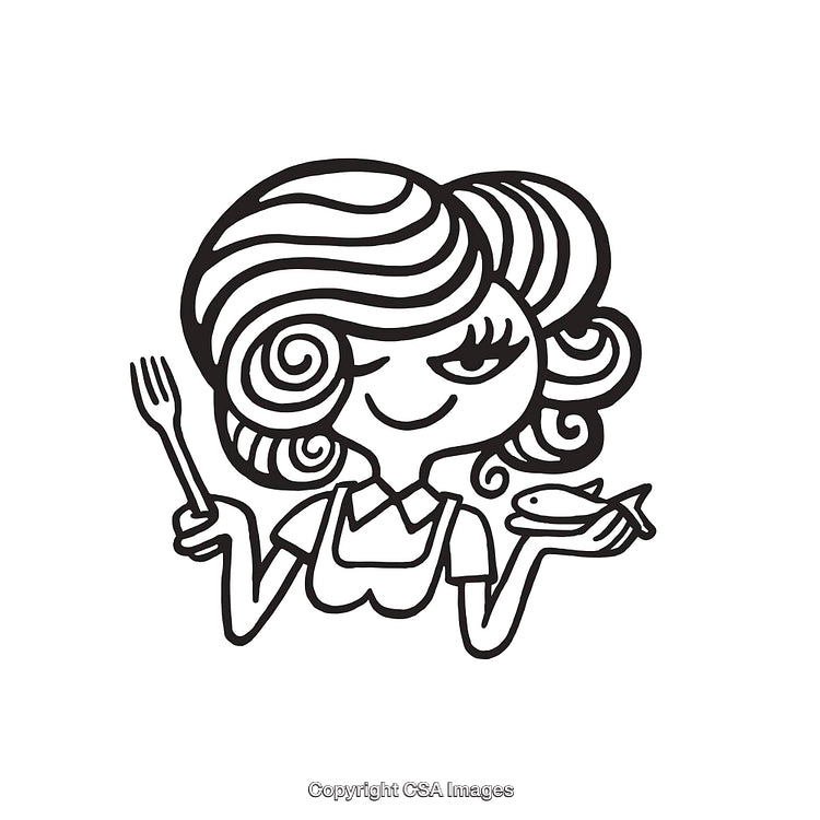Stylized Line Art Illustration of a Woman with Fish and Fork