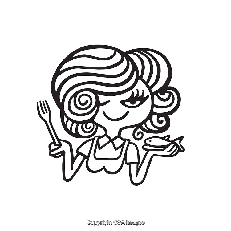 Stylized Line Art Illustration of a Woman with Fish and Fork