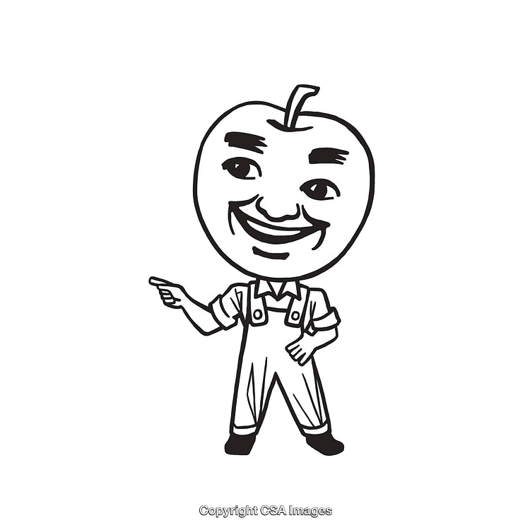 Black and White Line Art of Smiling Apple Character in Overalls