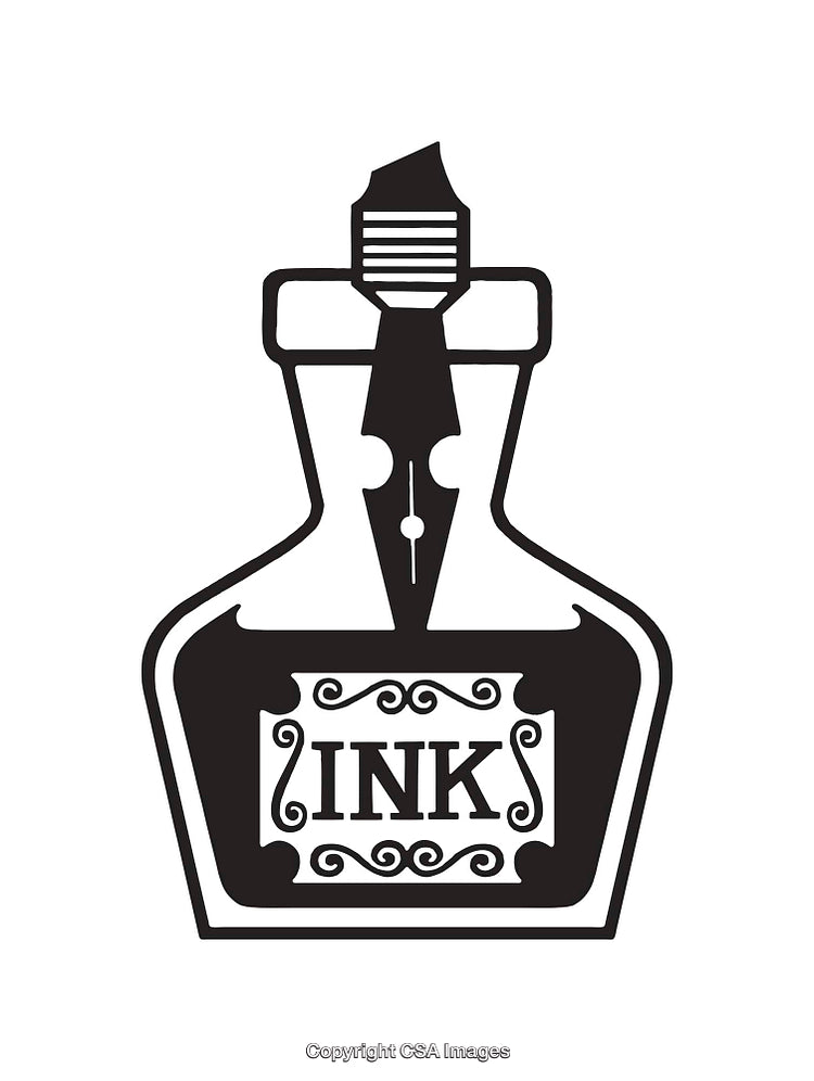 Black and White Ink Bottle Illustration with Pen Nib Design