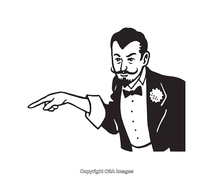 Elegant Man Pointing in Black and White Line Art Illustration