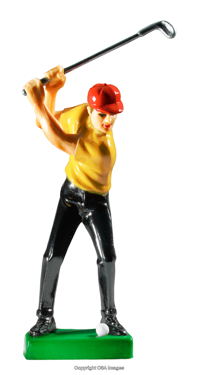 Plastic Golf Figurine Swinging a Club on a Green Base