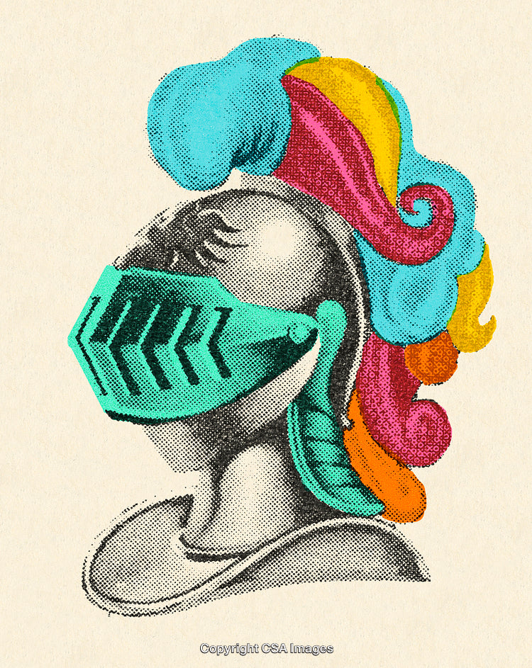 Illustration of a Knight Helmet with Vibrant Multicolored Decorations