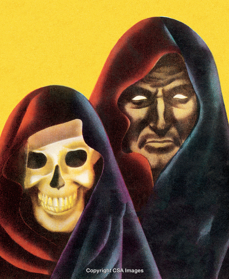 Mystic Figures Cloaked in Shadows with Eerie Expression