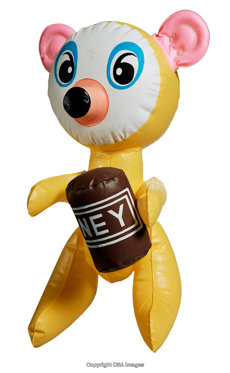 Inflatable Bear Figure Holding Honey Bottle Against White Background