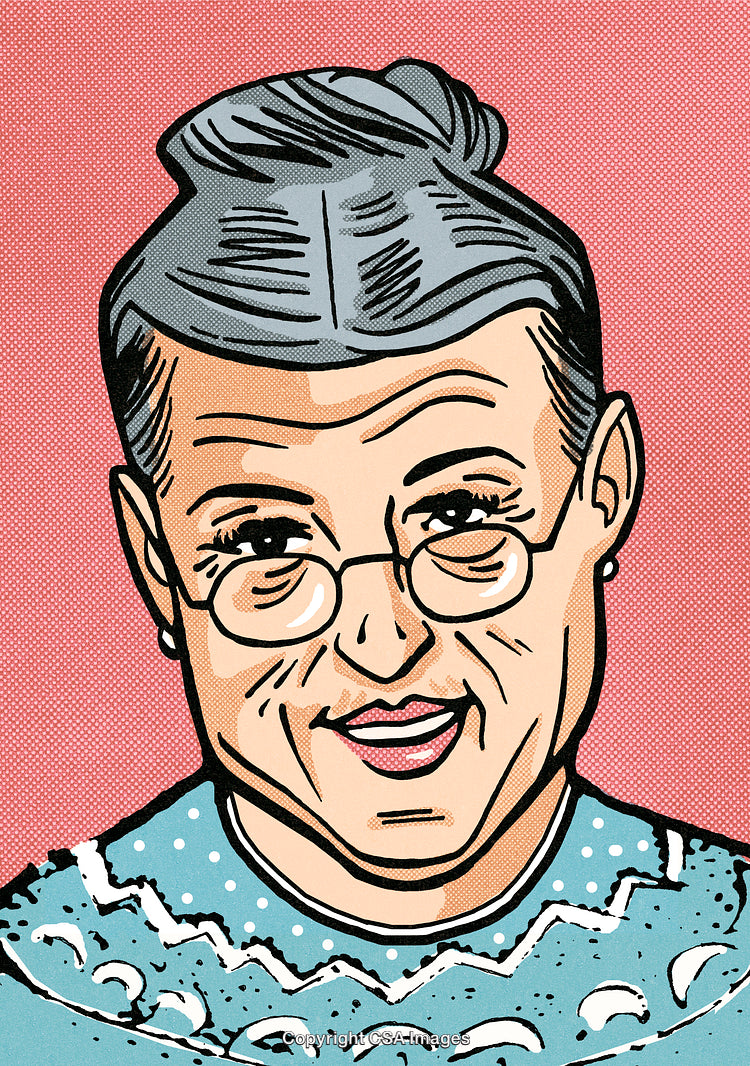 Colorful Comic Illustration of Elderly Woman With Glasses and Sweater