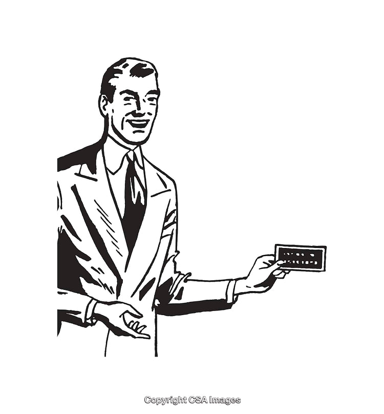 Vintage Businessman Presenting a Card in Black and White Illustration