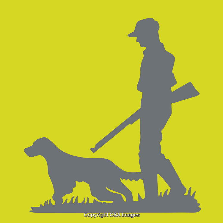 Hunter with Dog Silhouette Illustration on a Yellow Background