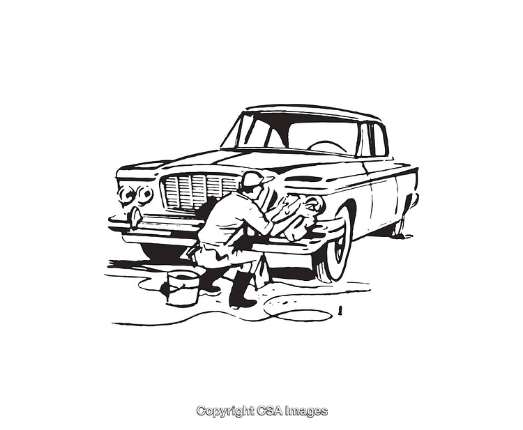 Vintage Line Art of Man Washing Classic Car in Black and White