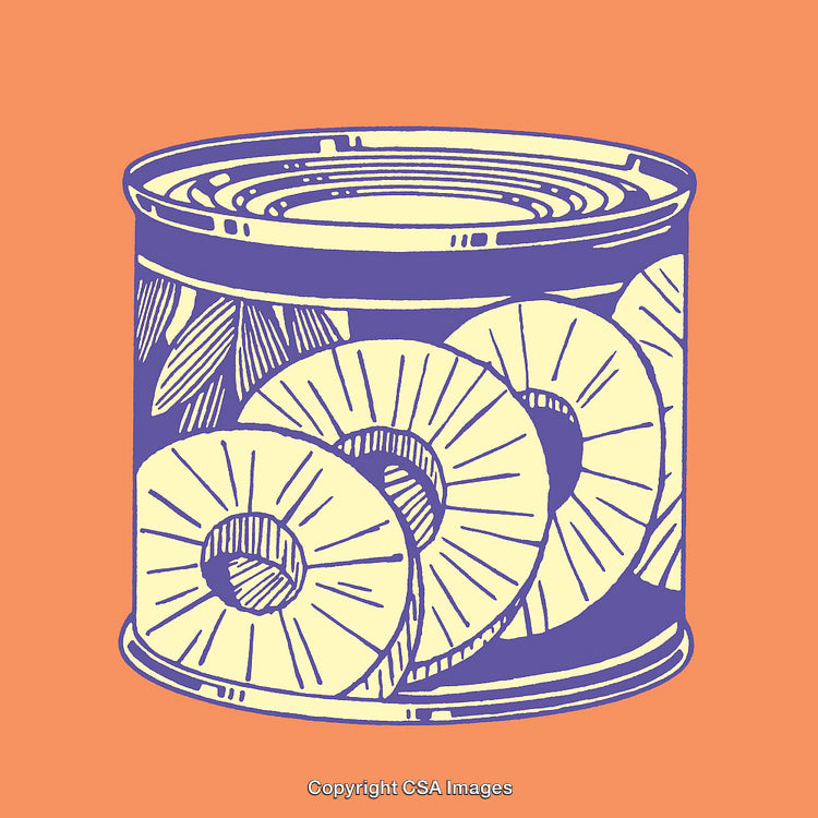 Illustration of Canned Pineapple in Retro Line Art Style on Orange Background