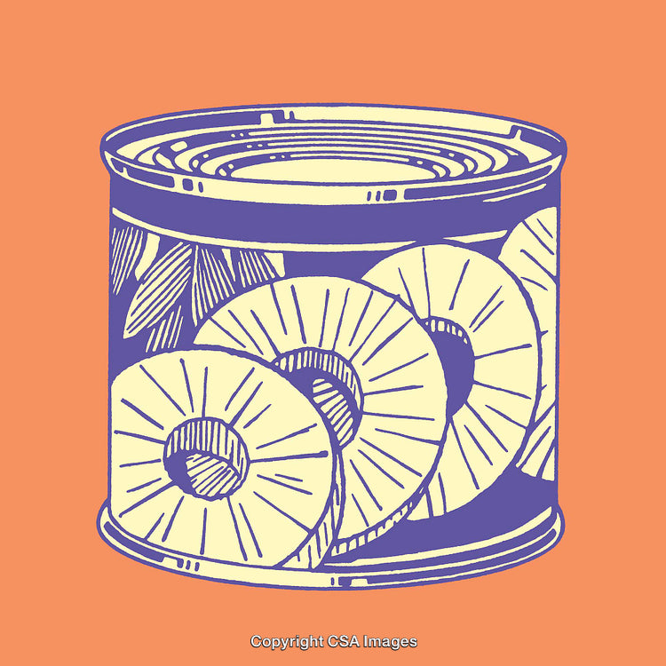 Illustration of Canned Pineapple in Retro Line Art Style on Orange Background