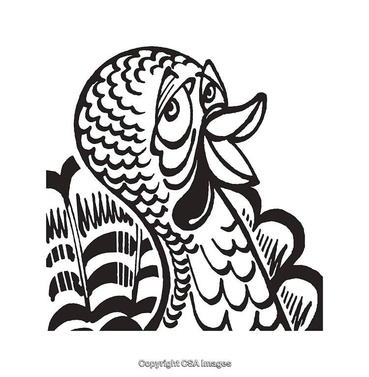 Decorative Black and White Line Art Turkey Drawing with Intricate Details